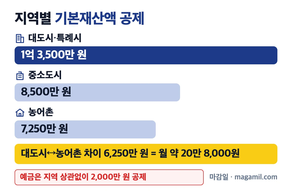 기초연금 수급자격 대도시·중소도시·농어촌 기본재산액 공제 금액 비교