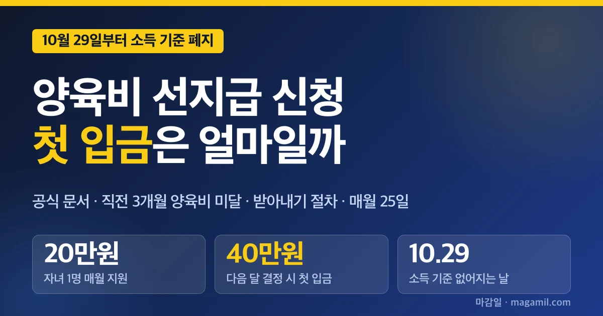 양육비 선지급 신청 방법, 첫 입금 계산표와 10월 29일 소득 기준 폐지
