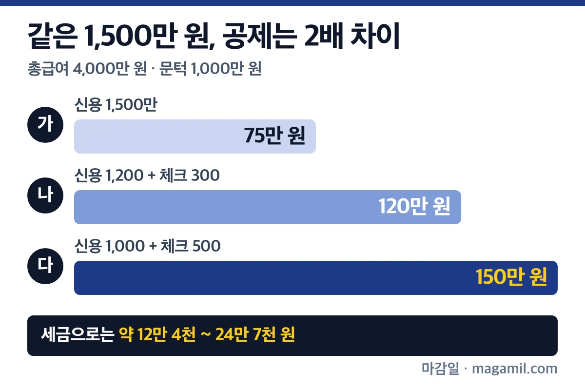 연말정산 미리보기 신용카드·체크카드 비율별 소득공제액 75만·120만·150만 원 비교